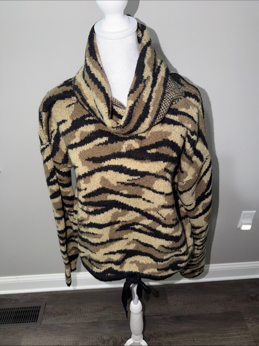 Daytrip Zebra-Stripe Cowl Sweater in Beige and Black